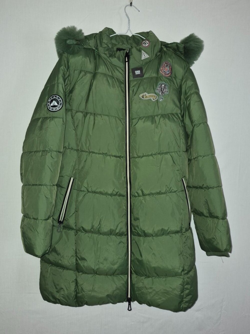 Harry Potter Slytherin Olive Green Puffer Parka Jacket Fluffy Hood size L